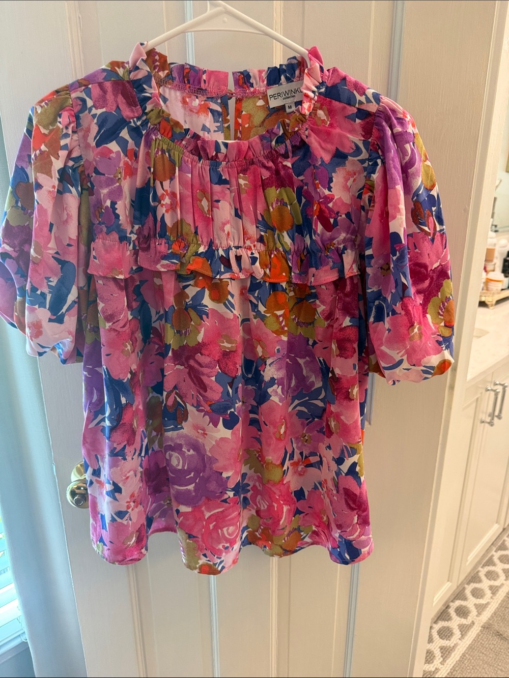 Pink Floral Ruffle Neck Blouse- M
